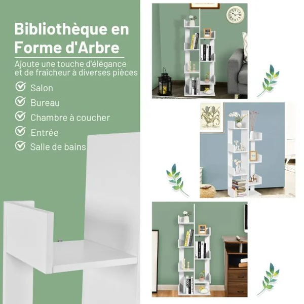 Bibliothèque en Forme d'Arbre à 8 Niveaux Étagère de Rangement Etagère à Livres avec Dispositif Anti-basculement Blanc