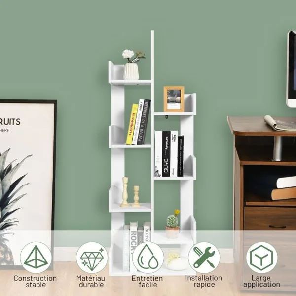 Bibliothèque en Forme d'Arbre à 8 Niveaux Étagère de Rangement Etagère à Livres avec Dispositif Anti-basculement Blanc