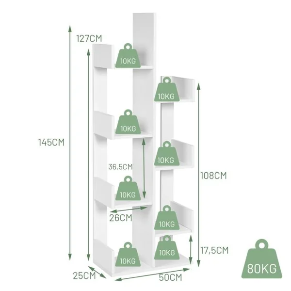 Bibliothèque en Forme d'Arbre à 8 Niveaux Étagère de Rangement Etagère à Livres avec Dispositif Anti-basculement Blanc