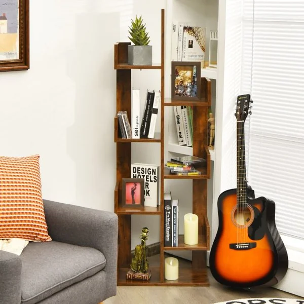 Bibliothèque en Forme d'Arbre à 8 Niveaux Étagère de Rangement Etagère à Livres avec Dispositif Anti-basculement Marron