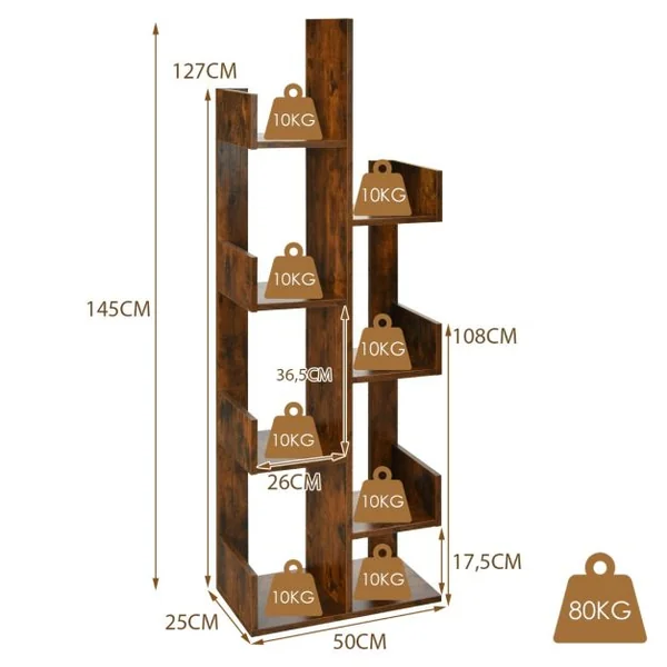Bibliothèque en Forme d'Arbre à 8 Niveaux Étagère de Rangement Etagère à Livres avec Dispositif Anti-basculement Marron