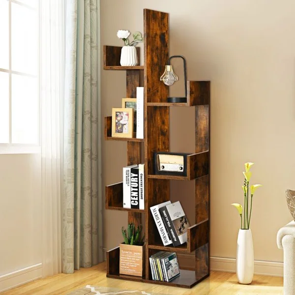Bibliothèque en Forme d'Arbre à 8 Niveaux Étagère de Rangement Etagère à Livres avec Dispositif Anti-basculement Marron