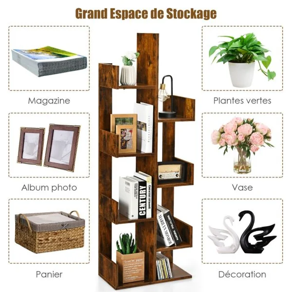 Bibliothèque en Forme d'Arbre à 8 Niveaux Étagère de Rangement Etagère à Livres avec Dispositif Anti-basculement Marron