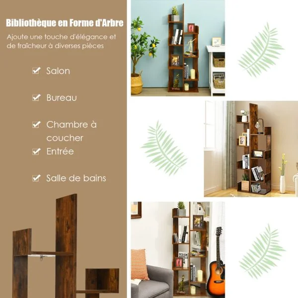 Bibliothèque en Forme d'Arbre à 8 Niveaux Étagère de Rangement Etagère à Livres avec Dispositif Anti-basculement Marron