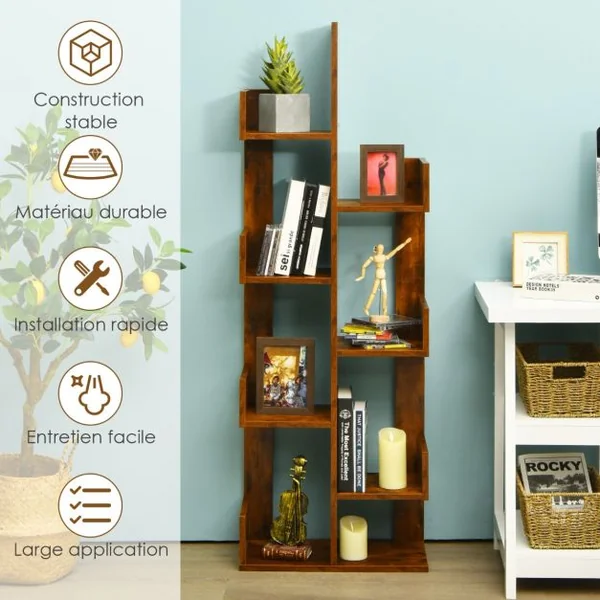 Bibliothèque en Forme d'Arbre à 8 Niveaux Étagère de Rangement Etagère à Livres avec Dispositif Anti-basculement Marron
