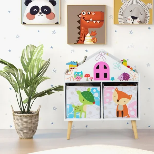 Bibliothèque en Forme de Maison pour Enfants Meuble en Bois pour Jouets 2 Bacs de Rangement Pieds Surélevés en Bois Massif Armoire de Rangement Blanc