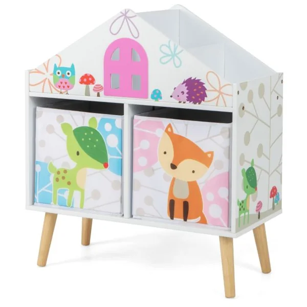Bibliothèque en Forme de Maison pour Enfants Meuble en Bois pour Jouets 2 Bacs de Rangement Pieds Surélevés en Bois Massif Armoire de Rangement Blanc
