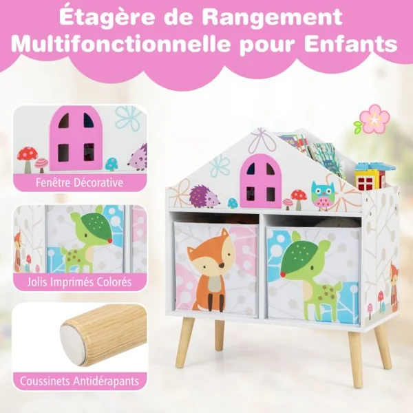 Bibliothèque en Forme de Maison pour Enfants Meuble en Bois pour Jouets 2 Bacs de Rangement Pieds Surélevés en Bois Massif Armoire de Rangement Blanc
