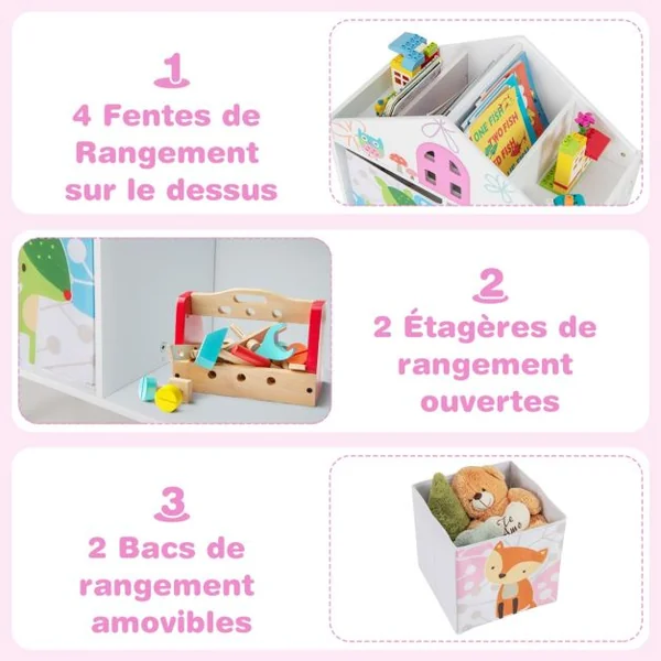 Bibliothèque en Forme de Maison pour Enfants Meuble en Bois pour Jouets 2 Bacs de Rangement Pieds Surélevés en Bois Massif Armoire de Rangement Blanc