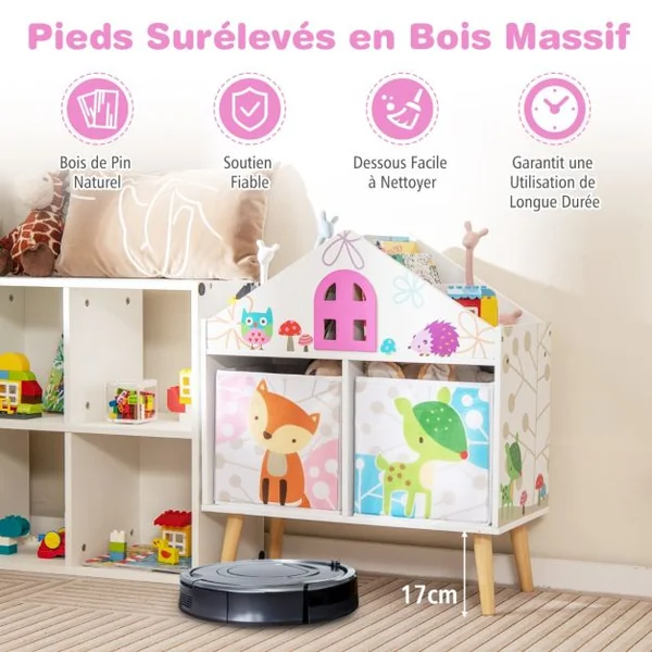 Bibliothèque en Forme de Maison pour Enfants Meuble en Bois pour Jouets 2 Bacs de Rangement Pieds Surélevés en Bois Massif Armoire de Rangement Blanc