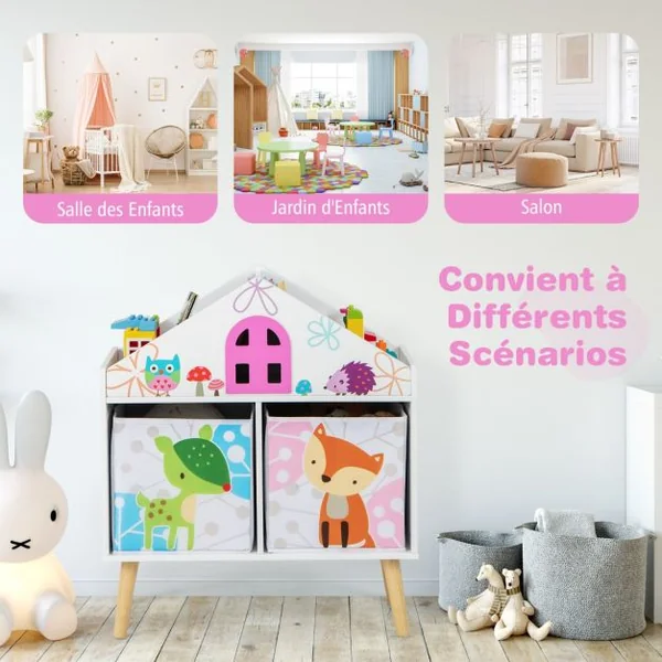 Bibliothèque en Forme de Maison pour Enfants Meuble en Bois pour Jouets 2 Bacs de Rangement Pieds Surélevés en Bois Massif Armoire de Rangement Blanc