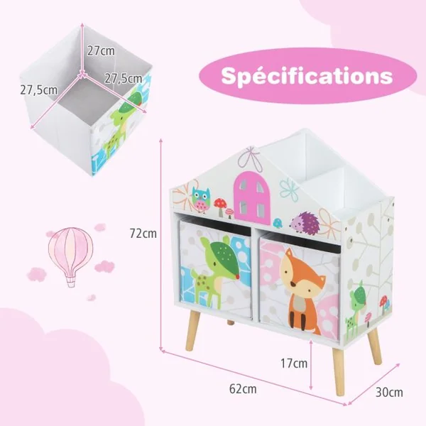Bibliothèque en Forme de Maison pour Enfants Meuble en Bois pour Jouets 2 Bacs de Rangement Pieds Surélevés en Bois Massif Armoire de Rangement Blanc