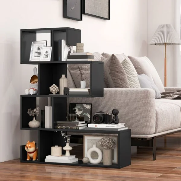 Bibliothèque en Forme de‘S’à 5 Niveaux Bibliothèque Géométrique Cubes Ouverts Etagère Décorative Moderne Kits Anti-renversement Noir/Blanc