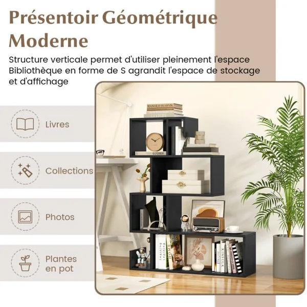 Bibliothèque en Forme de‘S’à 5 Niveaux Bibliothèque Géométrique Cubes Ouverts Etagère Décorative Moderne Kits Anti-renversement Noir/Blanc
