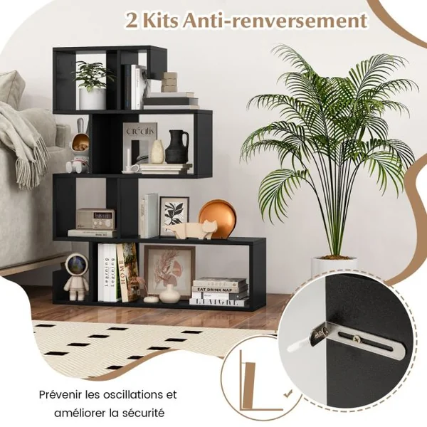 Bibliothèque en Forme de‘S’à 5 Niveaux Bibliothèque Géométrique Cubes Ouverts Etagère Décorative Moderne Kits Anti-renversement Noir/Blanc