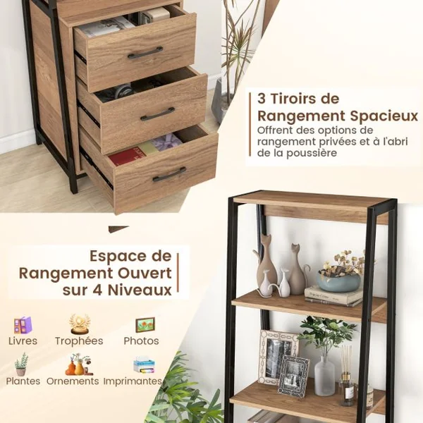 Bibliothèque en Forme d’Échelle 3 Étagères Ouvertes 3 Tiroirs Organisateur de Rangement Multifonctionnel Kits Anti-basculement Café