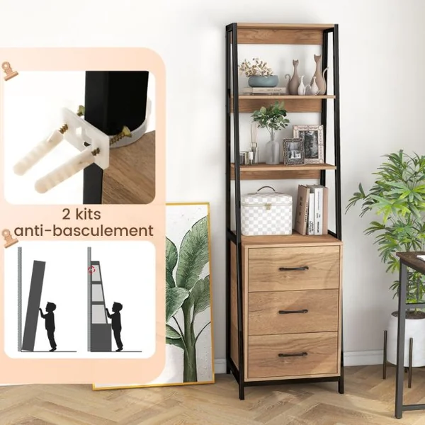 Bibliothèque en Forme d’Échelle 3 Étagères Ouvertes 3 Tiroirs Organisateur de Rangement Multifonctionnel Kits Anti-basculement Café