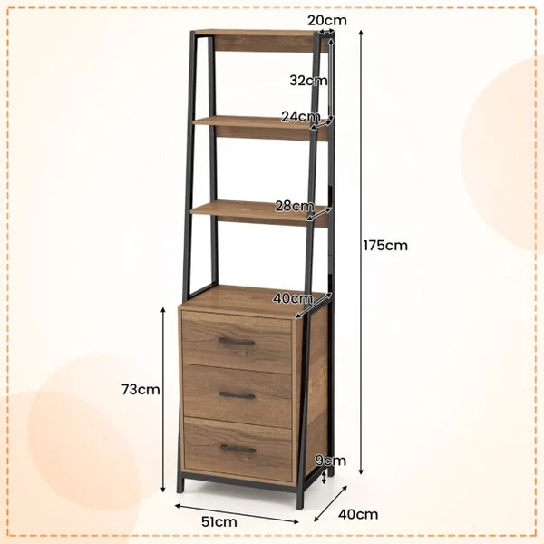 Bibliothèque en Forme d’Échelle 3 Étagères Ouvertes 3 Tiroirs Organisateur de Rangement Multifonctionnel Kits Anti-basculement Café