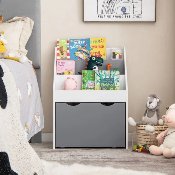 Bibliothèque Enfant avec Boîte à Jouets Roulant et Dispositif Anti-Renversement Étagère de Rangement pour Jouets et Livres Gris