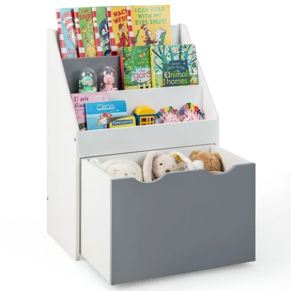 Bibliothèque Enfant avec Boîte à Jouets Roulant et Dispositif Anti-Renversement Étagère de Rangement pour Jouets et Livres Gris
