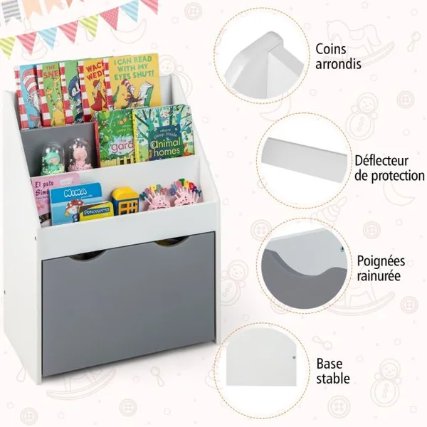 Bibliothèque Enfant avec Boîte à Jouets Roulant et Dispositif Anti-Renversement Étagère de Rangement pour Jouets et Livres Gris