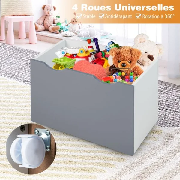 Bibliothèque Enfant avec Boîte à Jouets Roulant et Dispositif Anti-Renversement Étagère de Rangement pour Jouets et Livres Gris