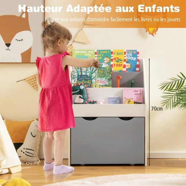 Bibliothèque Enfant avec Boîte à Jouets Roulant et Dispositif Anti-Renversement Étagère de Rangement pour Jouets et Livres Gris