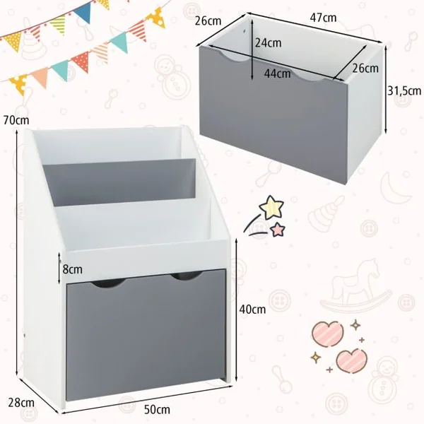 Bibliothèque Enfant avec Boîte à Jouets Roulant et Dispositif Anti-Renversement Étagère de Rangement pour Jouets et Livres Gris