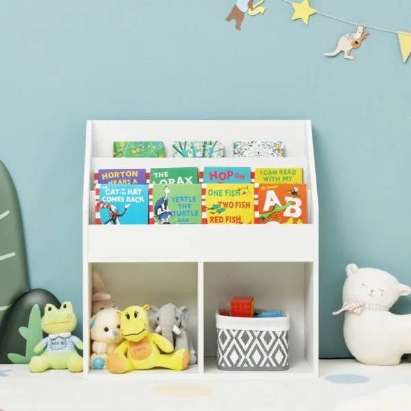 Bibliothèque Enfants en Bois 3 Compartiments et 2 Cubes Ouverts Rangement Jouets 70 x 30 x 80 CM Blanc