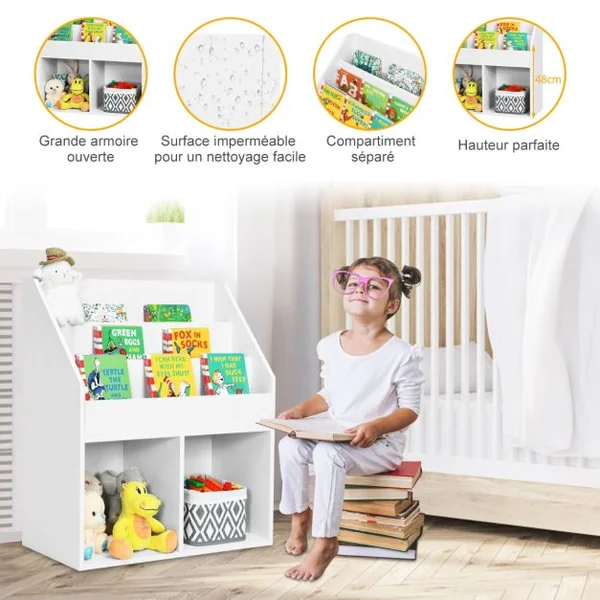 Bibliothèque Enfants en Bois 3 Compartiments et 2 Cubes Ouverts Rangement Jouets 70 x 30 x 80 CM Blanc