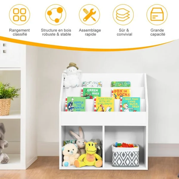 Bibliothèque Enfants en Bois 3 Compartiments et 2 Cubes Ouverts Rangement Jouets 70 x 30 x 80 CM Blanc