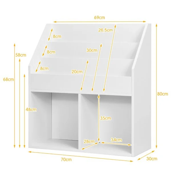 Bibliothèque Enfants en Bois 3 Compartiments et 2 Cubes Ouverts Rangement Jouets 70 x 30 x 80 CM Blanc