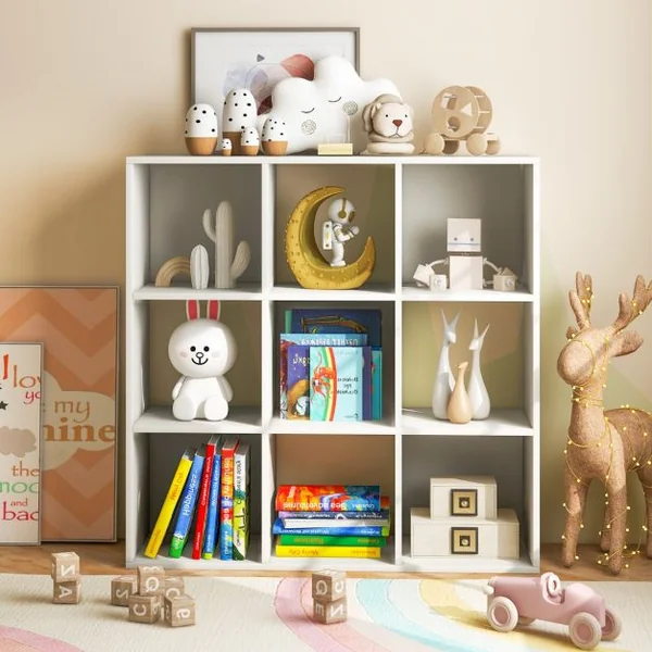 Bibliothèque Enfants à 4 Niveaux avec 9 Cubes et Plateau Large Étagère à Livres en Bois avec Anti-basculement Charge 160kg pour Salon Chambre Blanc