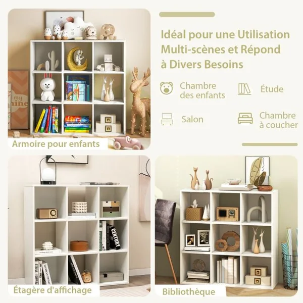 Bibliothèque Enfants à 4 Niveaux avec 9 Cubes et Plateau Large Étagère à Livres en Bois avec Anti-basculement Charge 160kg pour Salon Chambre Blanc