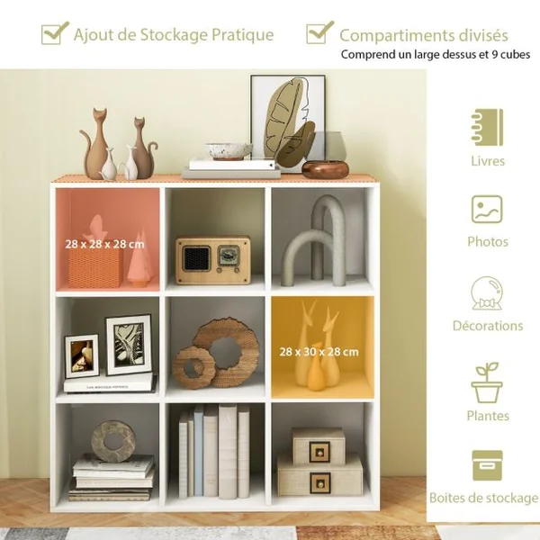 Bibliothèque Enfants à 4 Niveaux avec 9 Cubes et Plateau Large Étagère à Livres en Bois avec Anti-basculement Charge 160kg pour Salon Chambre Blanc