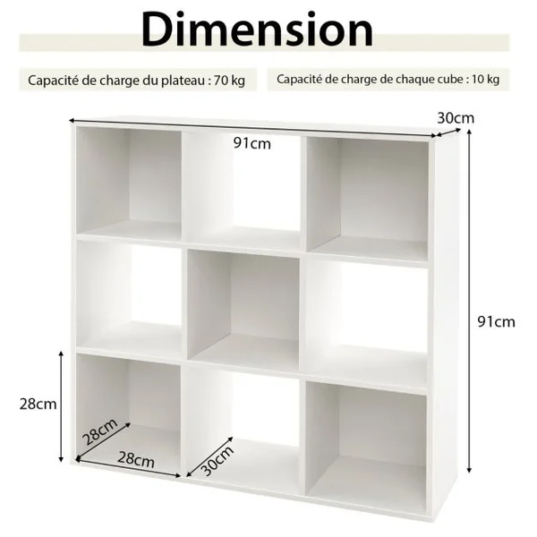 Bibliothèque Enfants à 4 Niveaux avec 9 Cubes et Plateau Large Étagère à Livres en Bois avec Anti-basculement Charge 160kg pour Salon Chambre Blanc