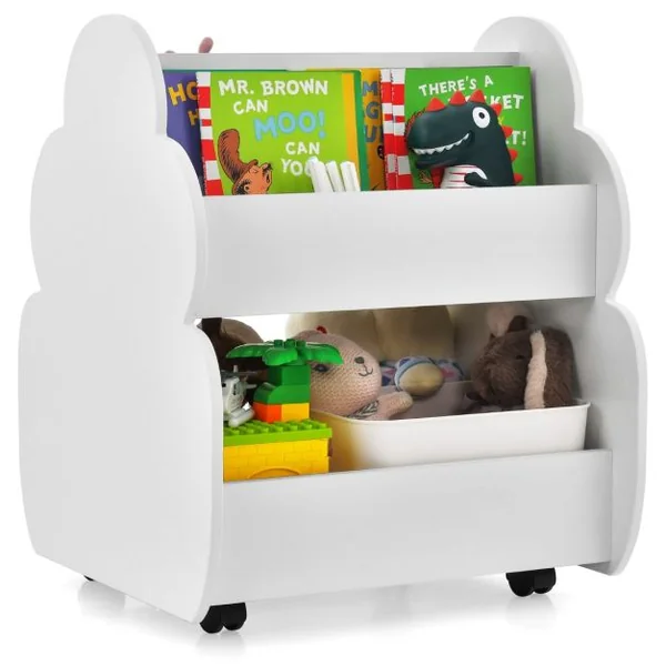 Bibliothèque Enfants à Roulettes 2 Niveaux 62 x 47 x 63,5 CM Rangement Pour Jouets Blanc