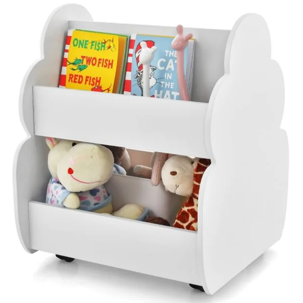 Bibliothèque Enfants à Roulettes 2 Niveaux 62 x 47 x 63,5 CM Rangement Pour Jouets Blanc