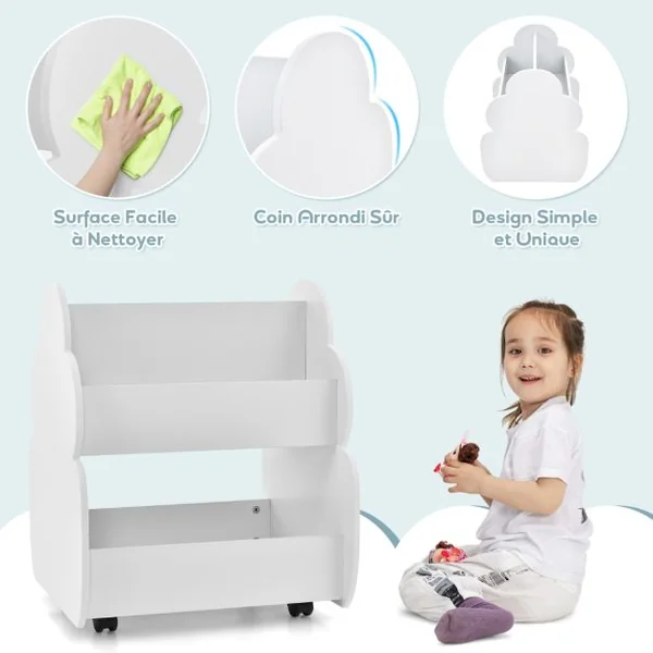 Bibliothèque Enfants à Roulettes 2 Niveaux 62 x 47 x 63,5 CM Rangement Pour Jouets Blanc