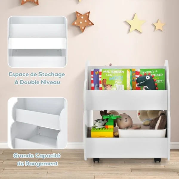Bibliothèque Enfants à Roulettes 2 Niveaux 62 x 47 x 63,5 CM Rangement Pour Jouets Blanc