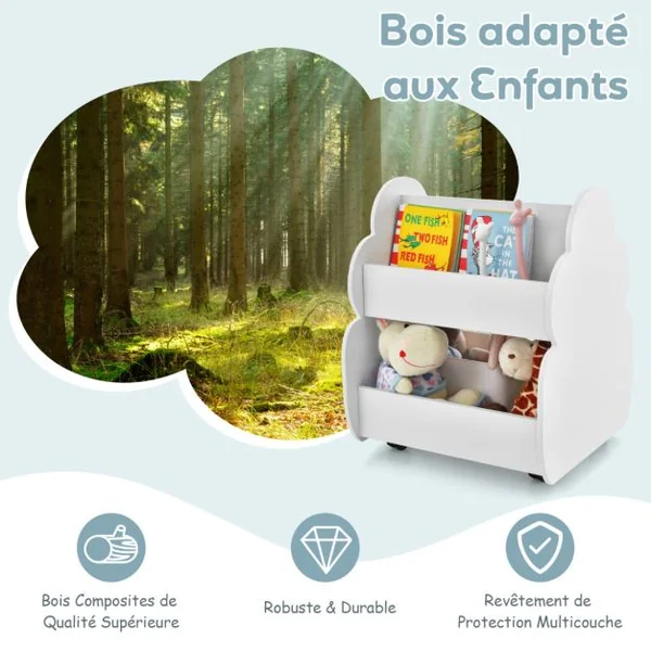 Bibliothèque Enfants à Roulettes 2 Niveaux 62 x 47 x 63,5 CM Rangement Pour Jouets Blanc