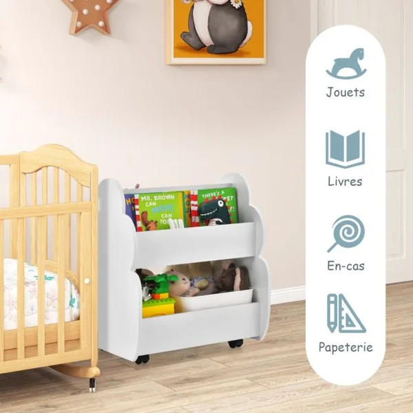 Bibliothèque Enfants à Roulettes 2 Niveaux 62 x 47 x 63,5 CM Rangement Pour Jouets Blanc