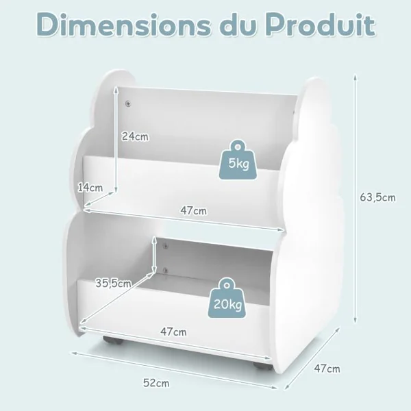 Bibliothèque Enfants à Roulettes 2 Niveaux 62 x 47 x 63,5 CM Rangement Pour Jouets Blanc
