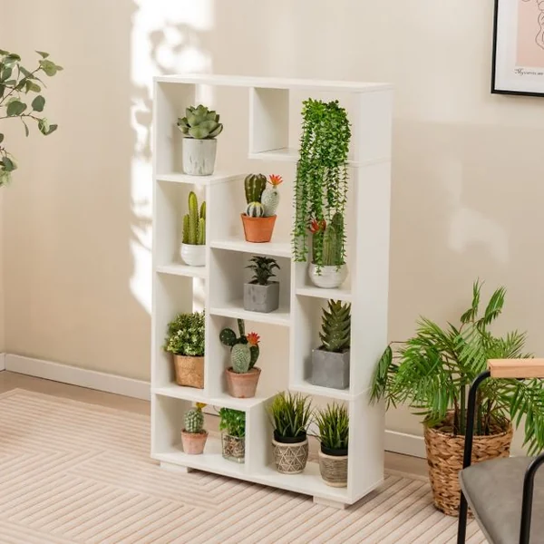 Bibliothèque Géométrique Moderne de 120 Cm Étagères Ouvertes Étagère de Rangement Autoportante avec Kits Anti-basculement Blanc + Naturel/Noir + Naturel/Café/Noir/Naturel