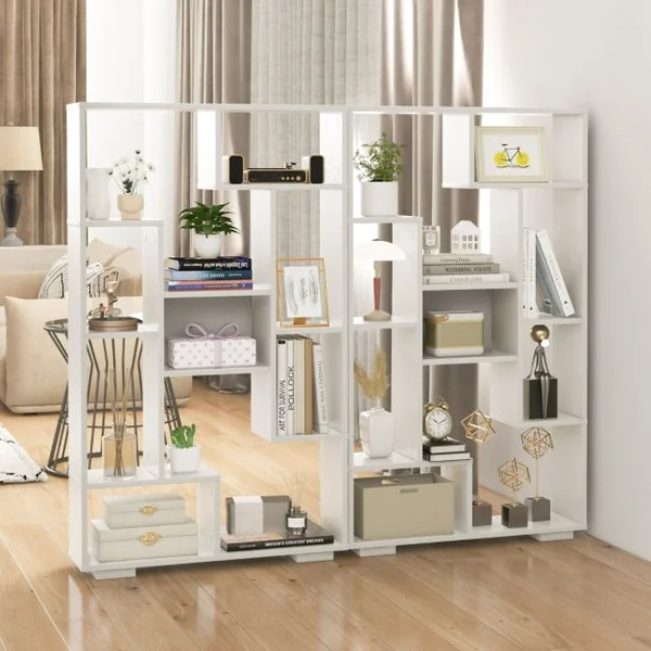 Bibliothèque Géométrique Moderne de 120 Cm Étagères Ouvertes Étagère de Rangement Autoportante avec Kits Anti-basculement Blanc + Naturel/Noir + Naturel/Café/Noir/Naturel