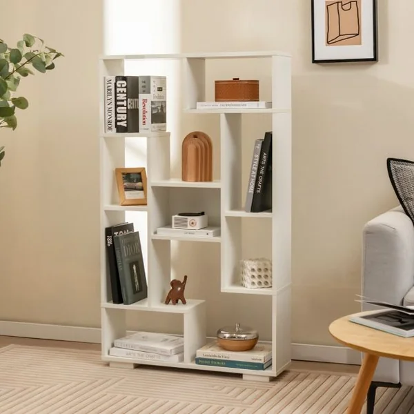 Bibliothèque Géométrique Moderne de 120 Cm Étagères Ouvertes Étagère de Rangement Autoportante avec Kits Anti-basculement Blanc + Naturel/Noir + Naturel/Café/Noir/Naturel