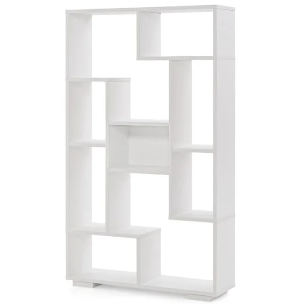 Bibliothèque Géométrique Moderne de 120 Cm Étagères Ouvertes Étagère de Rangement Autoportante avec Kits Anti-basculement Blanc + Naturel/Noir + Naturel/Café/Noir/Naturel
