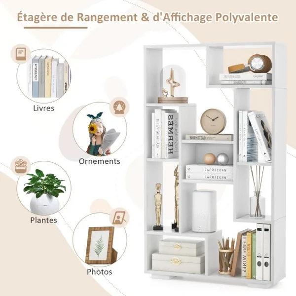 Bibliothèque Géométrique Moderne de 120 Cm Étagères Ouvertes Étagère de Rangement Autoportante avec Kits Anti-basculement Blanc + Naturel/Noir + Naturel/Café/Noir/Naturel