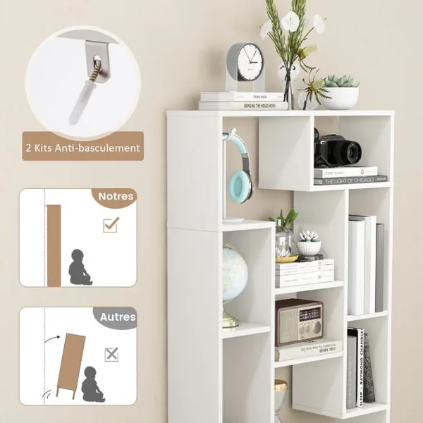 Bibliothèque Géométrique Moderne de 120 Cm Étagères Ouvertes Étagère de Rangement Autoportante avec Kits Anti-basculement Blanc + Naturel/Noir + Naturel/Café/Noir/Naturel