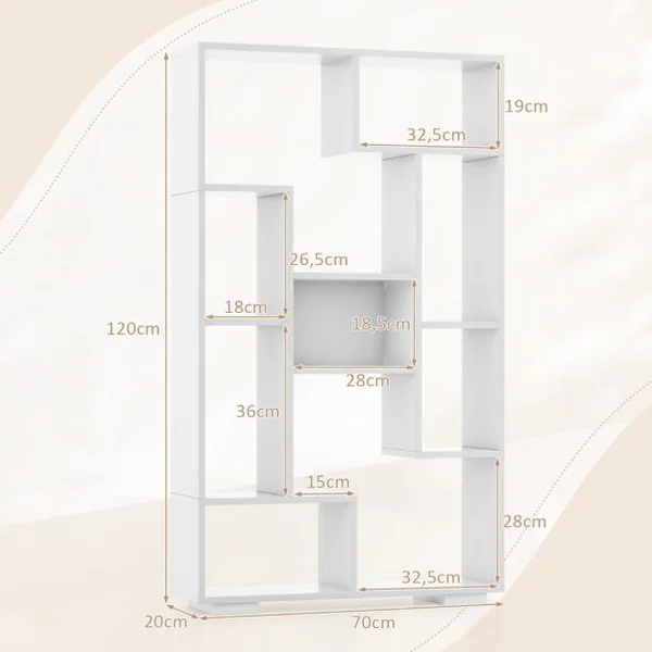 Bibliothèque Géométrique Moderne de 120 Cm Étagères Ouvertes Étagère de Rangement Autoportante avec Kits Anti-basculement Blanc + Naturel/Noir + Naturel/Café/Noir/Naturel